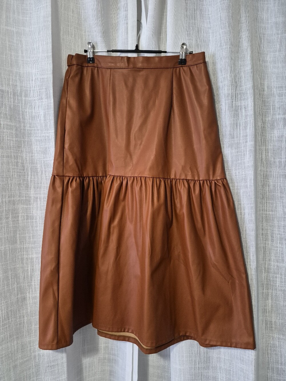 Faux Leather Tiered Midi Skirt - Brown
